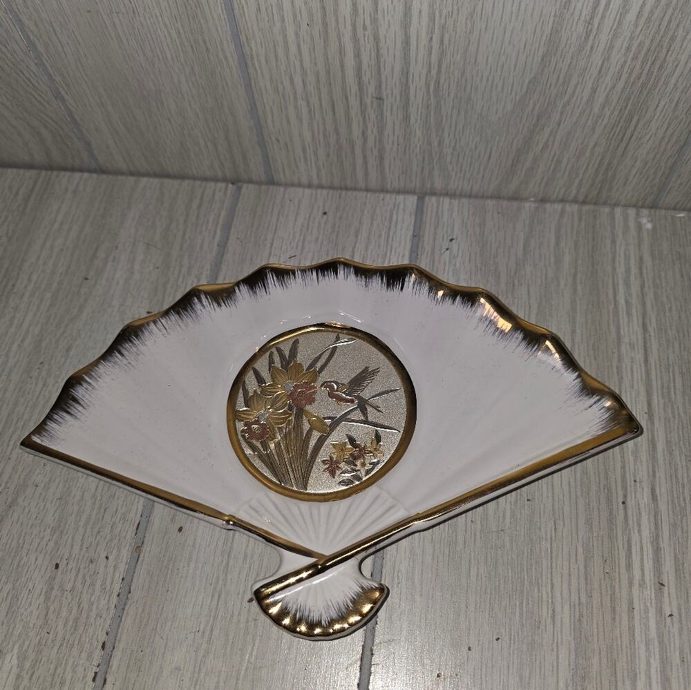Vtg Art Of Chokin 24k Gold Edged Fan Shaped Dish Humingbird Flowers Japanese